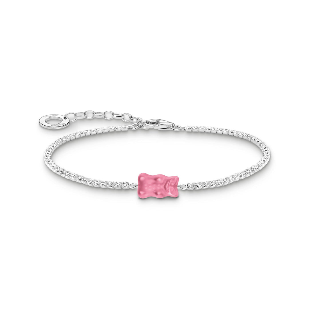 Silver bracelet with a pink bow charm on a white background