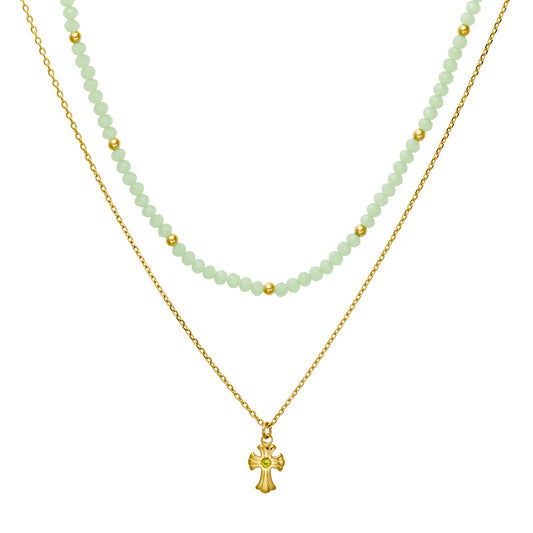 Duo Chain & Light Green Glass Bead Rosary Necklace with Cross